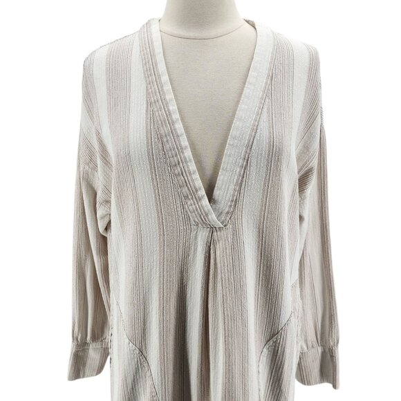 Free People Womens Medium Dress Midi Tunic V-Neck Striped Ivory Boho Hippie - Picture 2 of 14